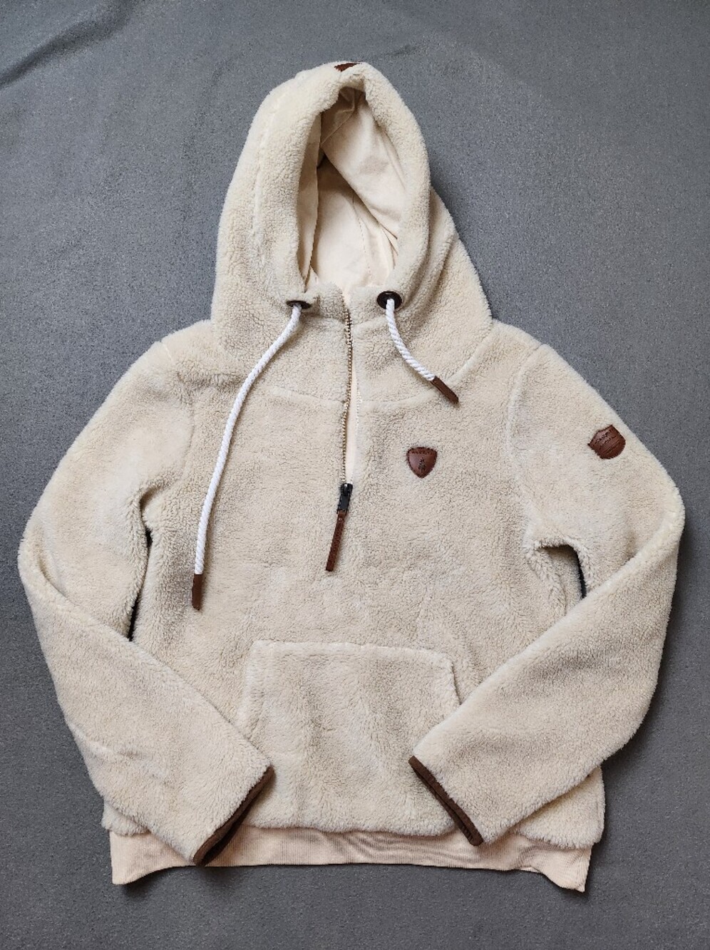 Wanakome Teddy Sherpa Fleece Hoodie Pullover 1/4 Zip Cream XL Cozy